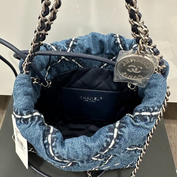 Chanel 22 MINI HANDBAG Quilted BLUE DENIM CROSSBODY HOBO BAG SHW - Picture 13 of 16